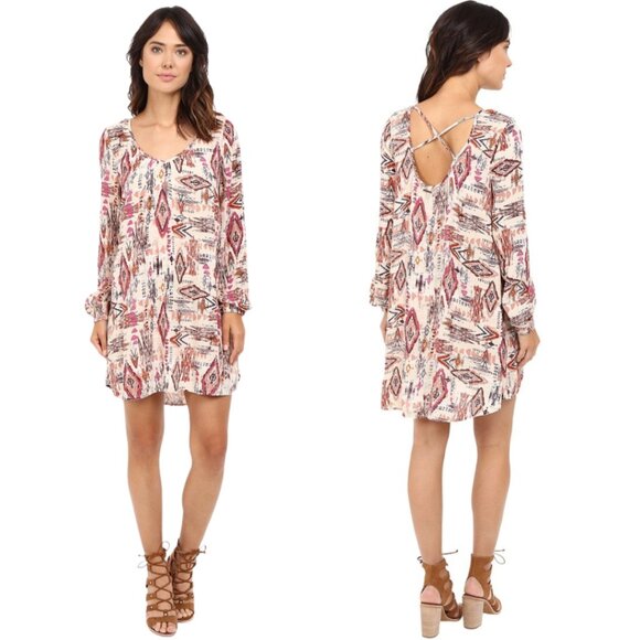 BILLABONG Sweet Sands Aztec Longsleeve Mini Shift Dress Womens L Boho Fall - Picture 1 of 5